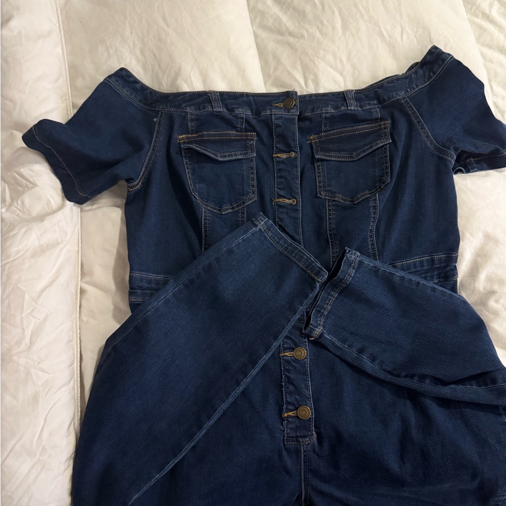 Fashion Nova Dark Blue Off-Shoulder Denim Overalls